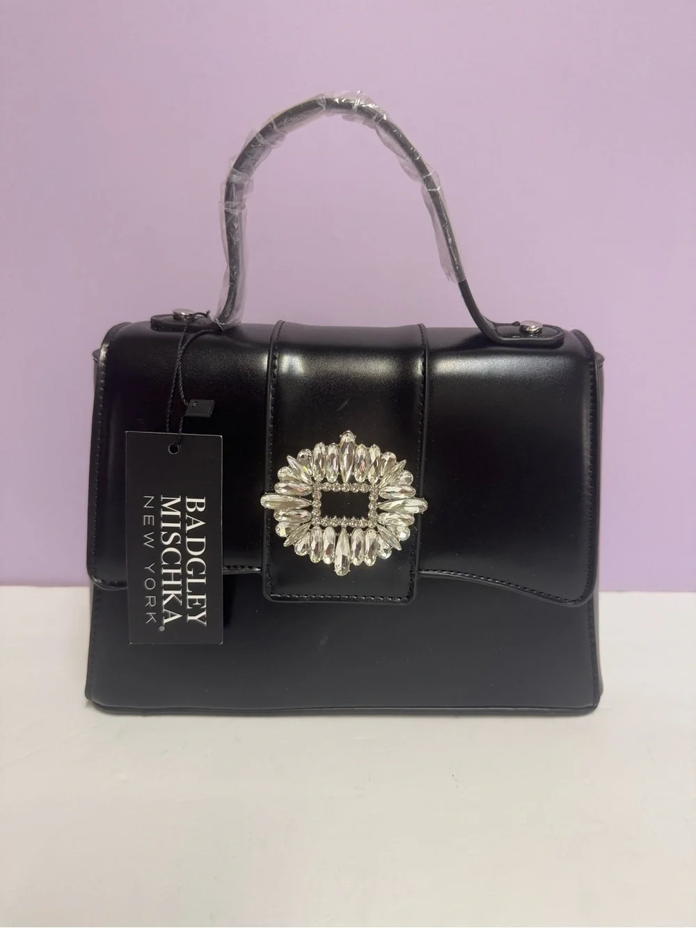 NWT Badgley Mischka Black PU Leather Top Handle Satchel